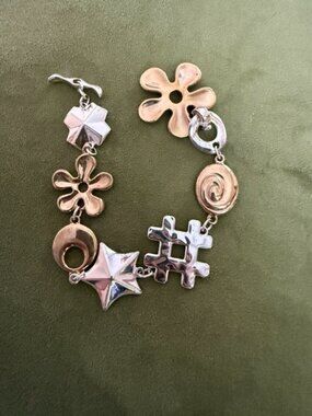 ROBERT LEE MORRIS Unusual FLOWER STAR Wide Sterling Silver Brass Toggle Bracele